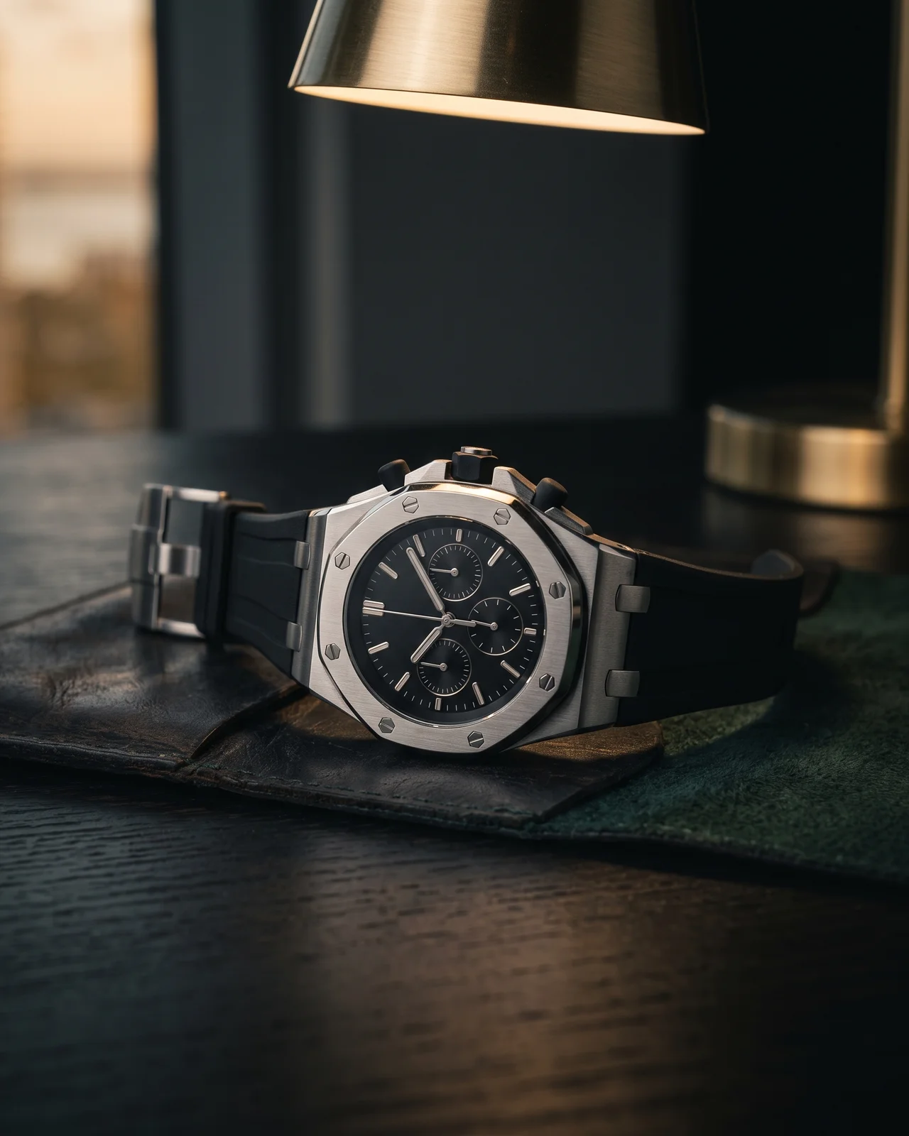A steel Royal Oak with its octagonal bezel and integrated bracelet laid flat on a dark leather tray, light catching the polished bevels.