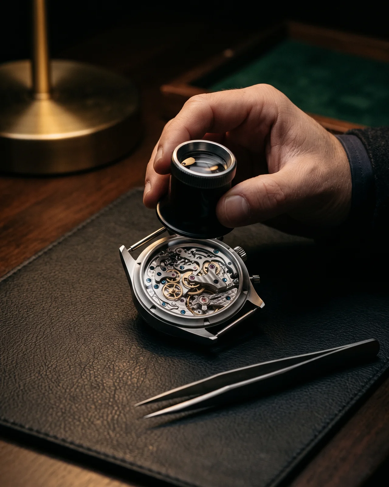A watch with its case back removed on a dark bench, movement exposed beside a loupe and a case-back tool.