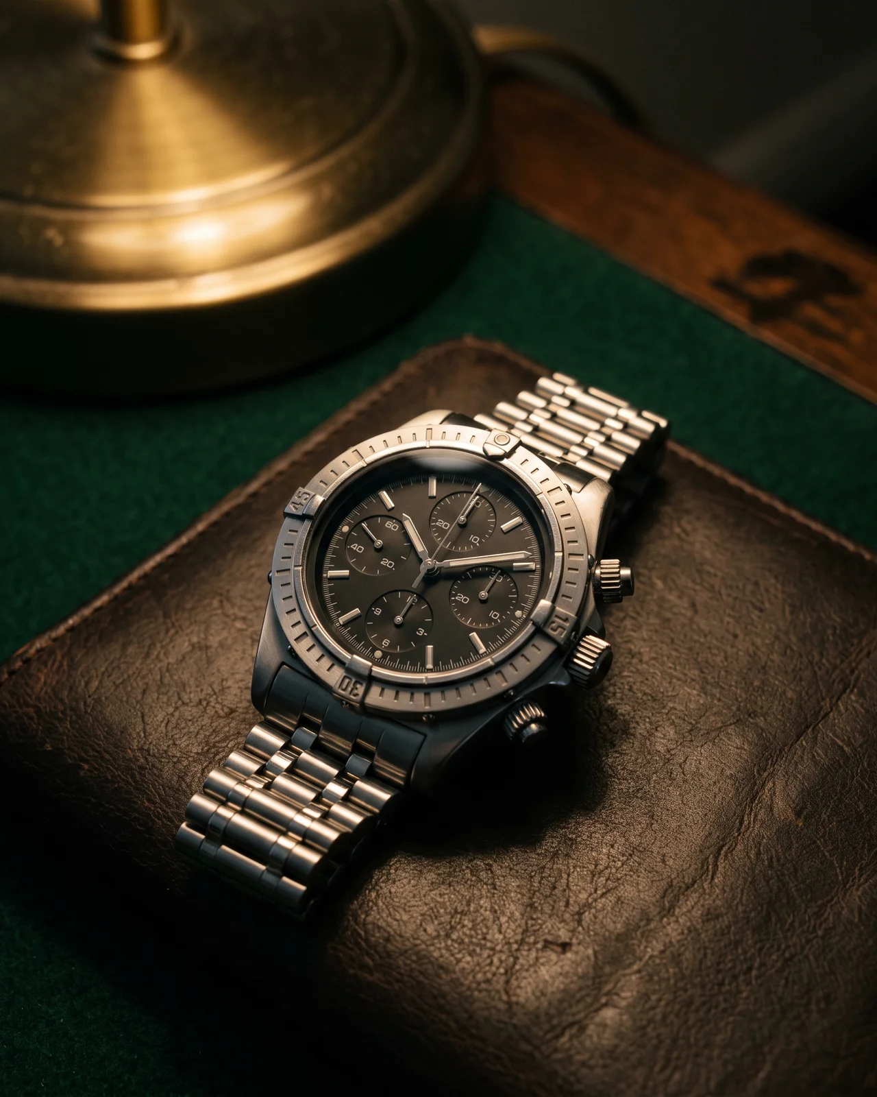 Close view of a Breitling pilot's chronograph with a circular slide-rule bezel, resting on a dark felt tray beside a loupe under warm desk light.