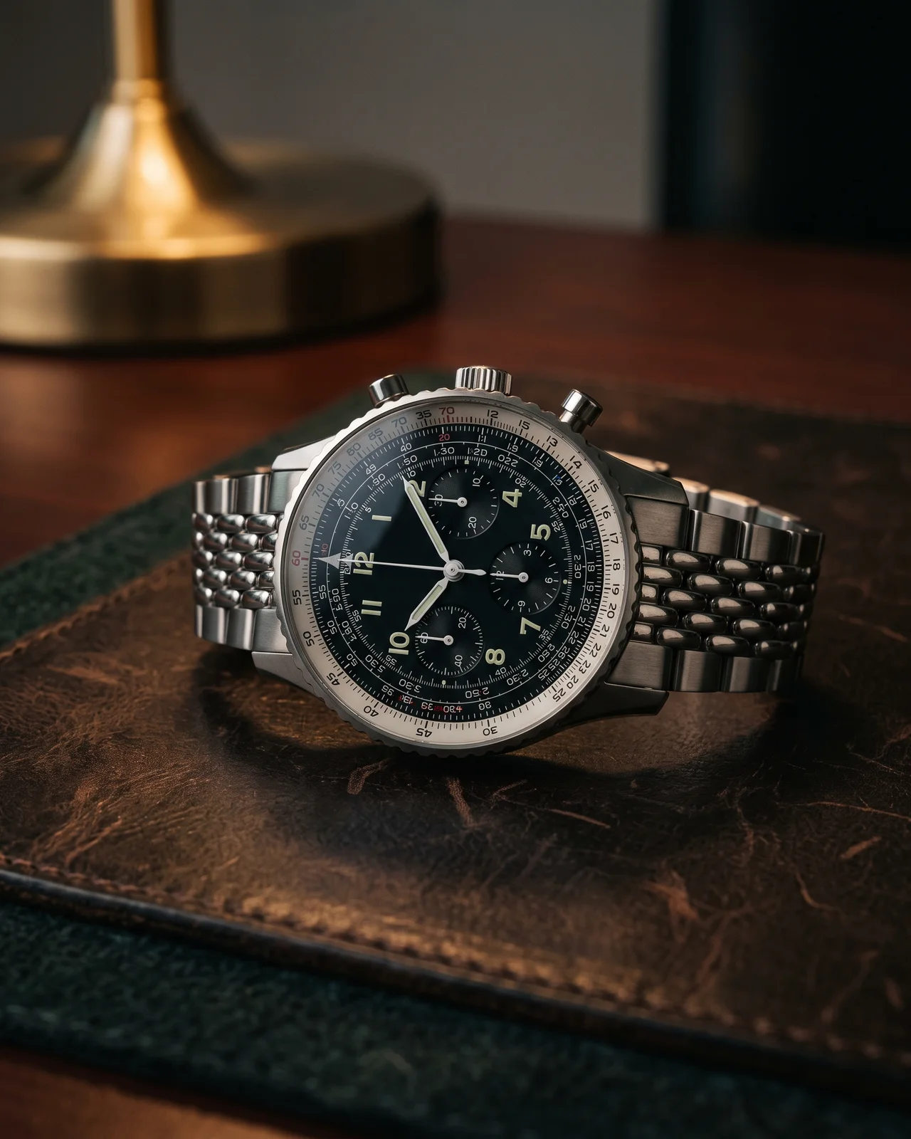 A black-dial Navitimer with its circular slide-rule bezel and three subdials, on a beads-of-rice bracelet, lying on dark felt under a desk lamp.
