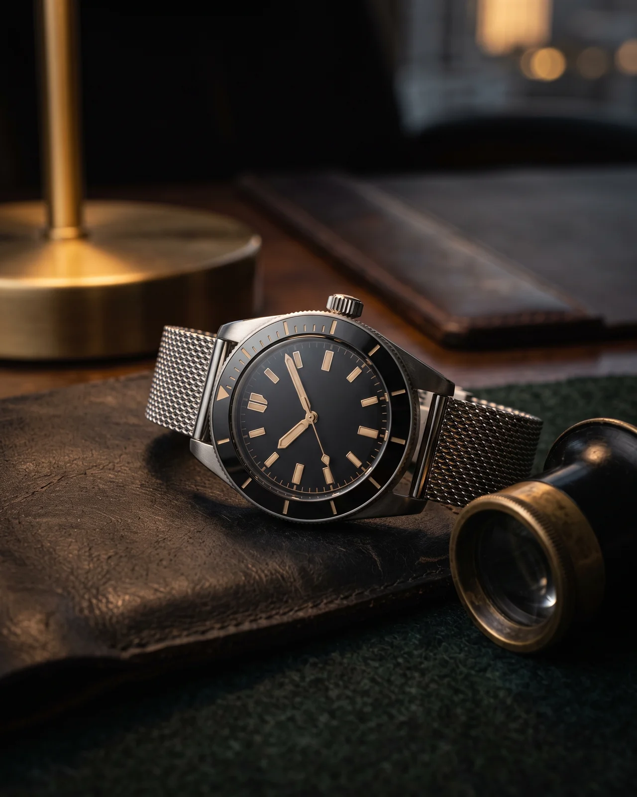 A steel Breitling Superocean Heritage on a woven mesh bracelet, the bezel and the mesh weave filling the frame on a dark leather tray.