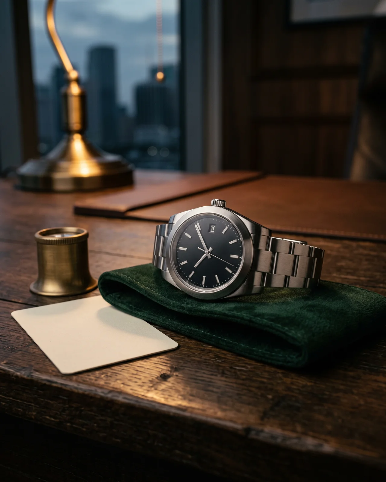 Three unbranded luxury watches on a dark velvet tray in a private office, a loupe and a pen beside them.
