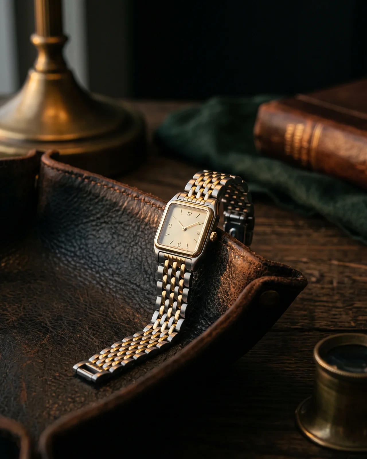 A two-tone Cartier Panthère draped over the edge of a dark leather tray, the small square case and the brick-link bracelet with gold rows catching a single warm light.