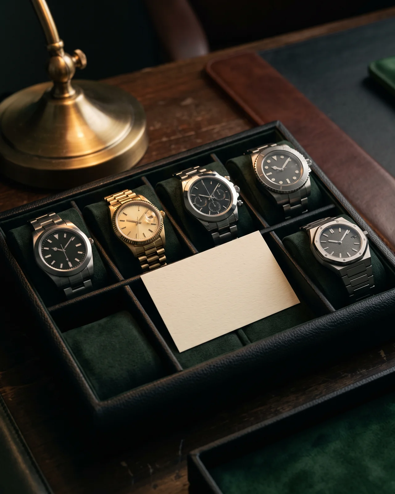 Six watches of different sizes and metals laid in a row on a dark leather tray under a single lamp, a collection about to be appraised.