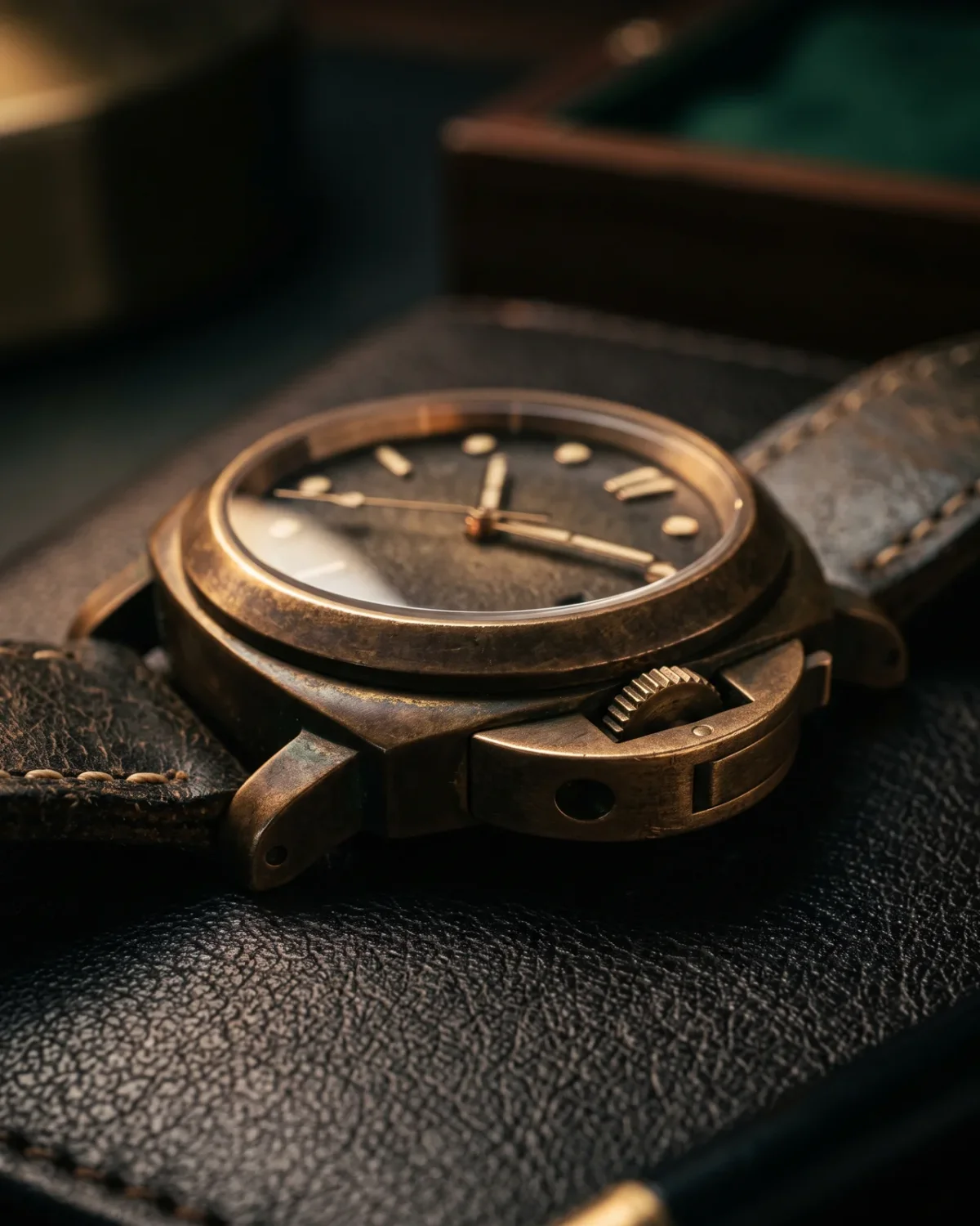 The engraved caseback of a Panerai beside its warranty card on a dark desk, the serial line legible.