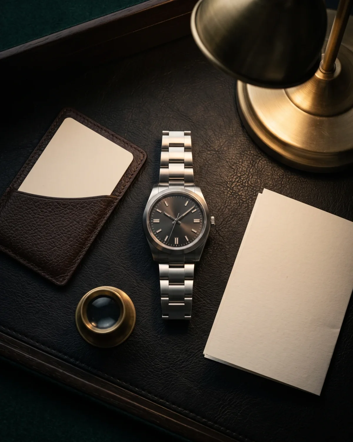 The underside of a Cartier watch on a leather strap, showing the engraved case back and a folding deployant buckle, next to a red Cartier presentation box.
