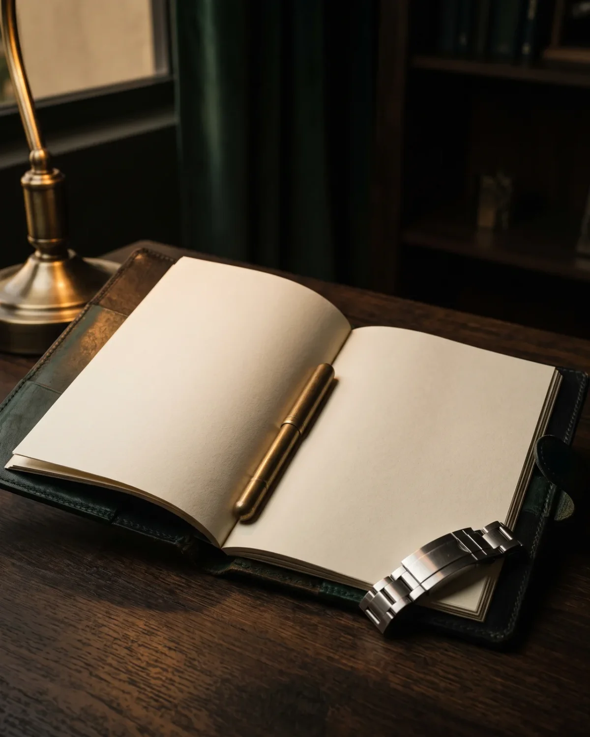 An open notebook with a pen beside a steel watch on a dark desk, the place where an offer and its reasoning get written down.