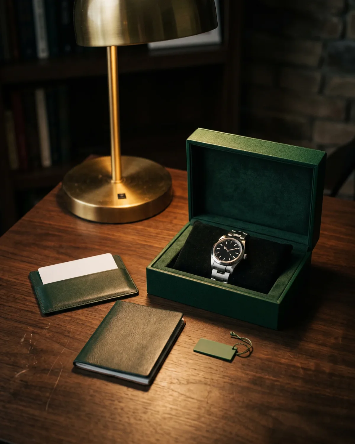 An IWC warranty card and a folded brown calf strap with its steel buckle beside a stainless steel Portugieser on a dark desk, display caseback turned toward the light.