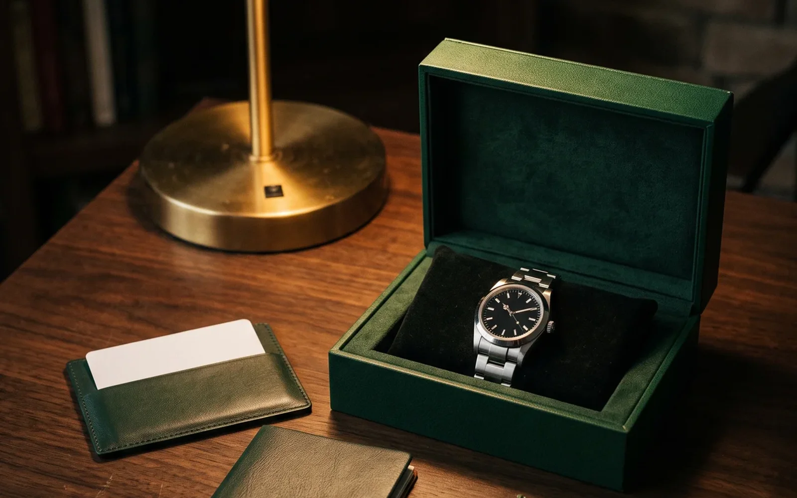 A watch in its own box nested inside a padded plain carton, papers in a sleeve beside it, before the lid closes.