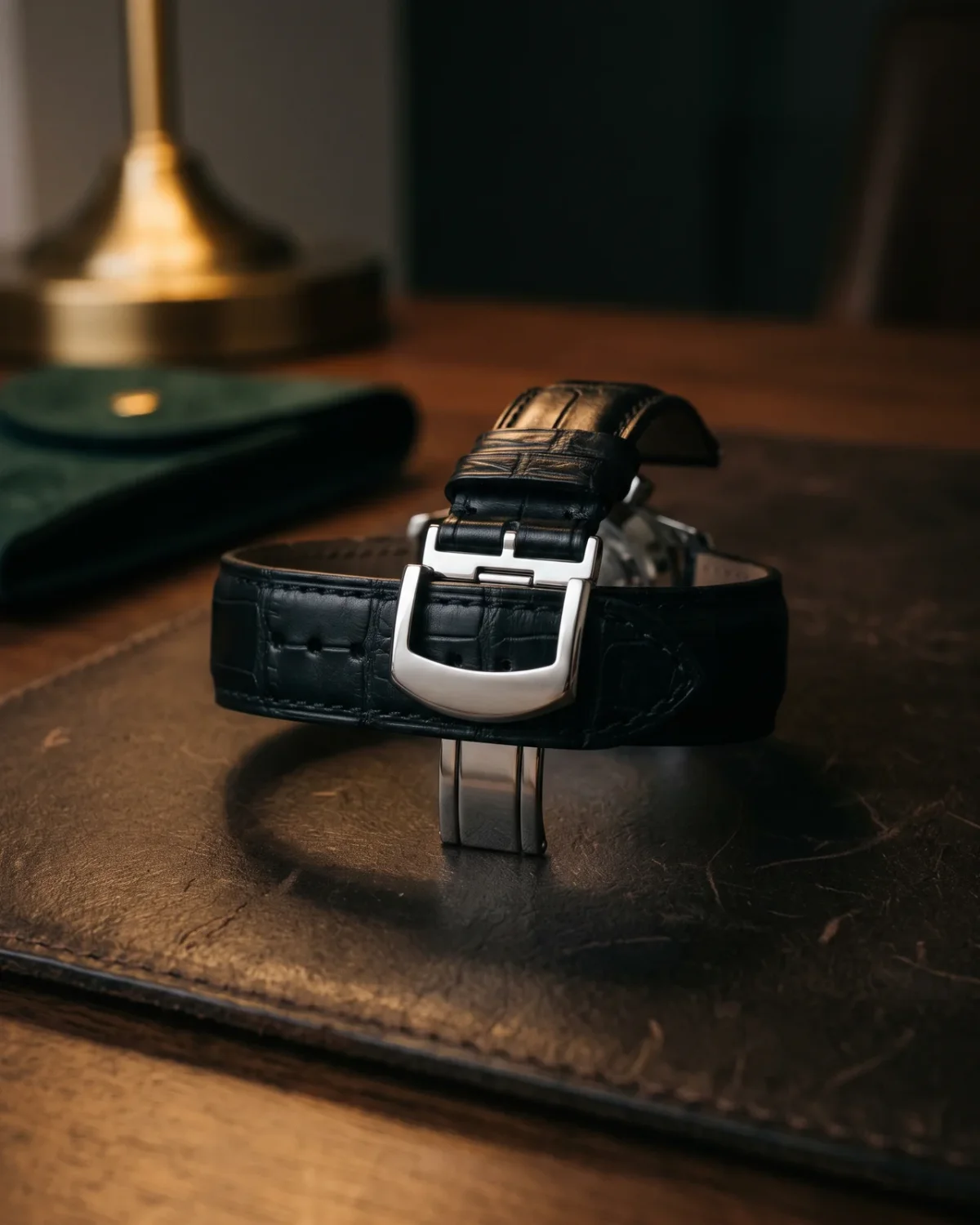The dealer's desk under a brass lamp: a watch on a leather tray, a loupe, a notebook, and a sealed FedEx box.