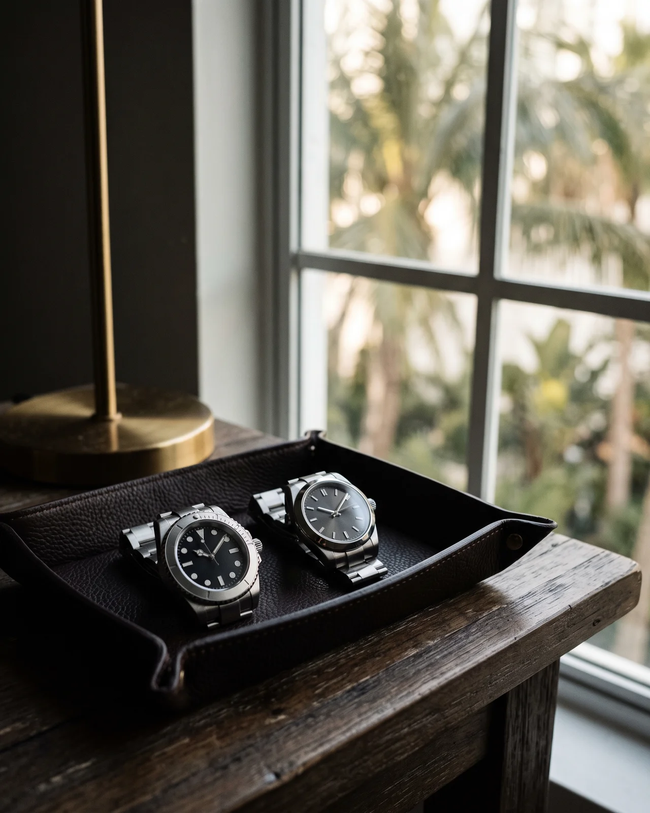 A dealer's desk with one steel watch on a leather tray, a loupe, and a folded road map under a brass lamp.
