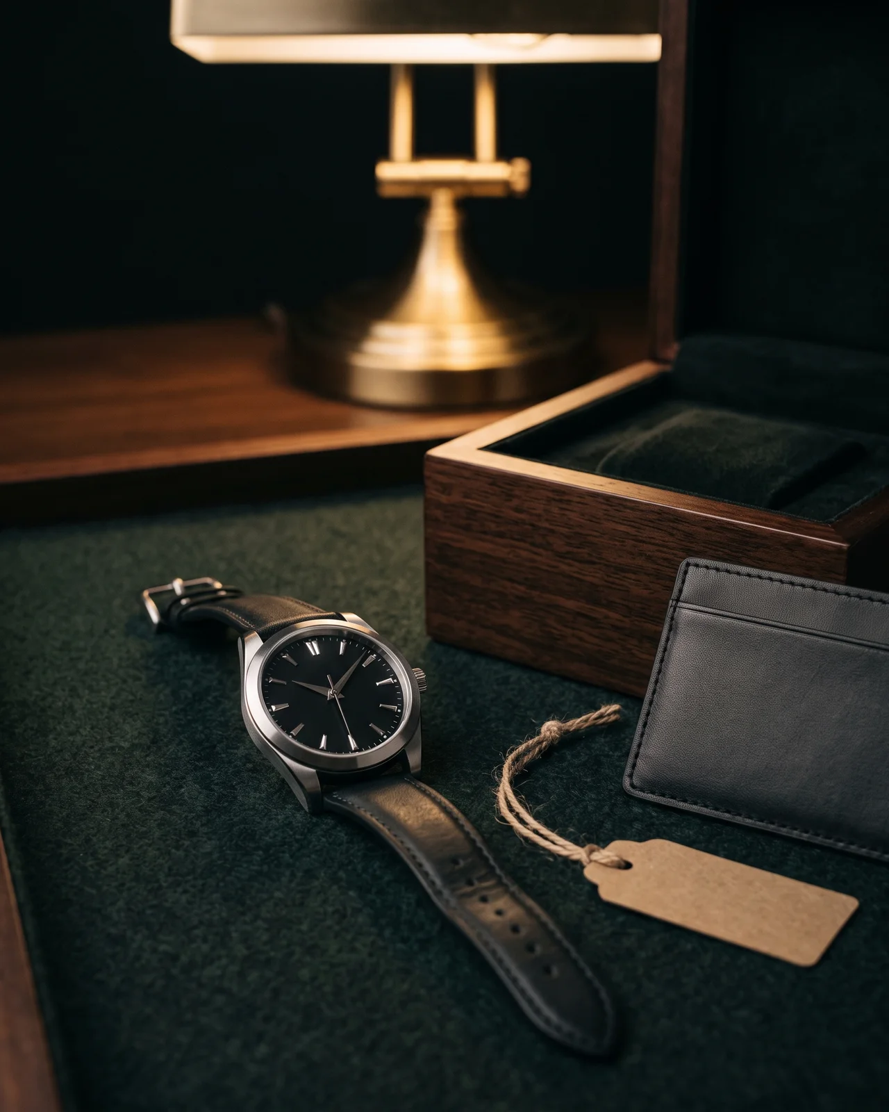 A steel watch beside its open presentation box, a blank warranty card, booklets, and loose bracelet links on a dark tray.