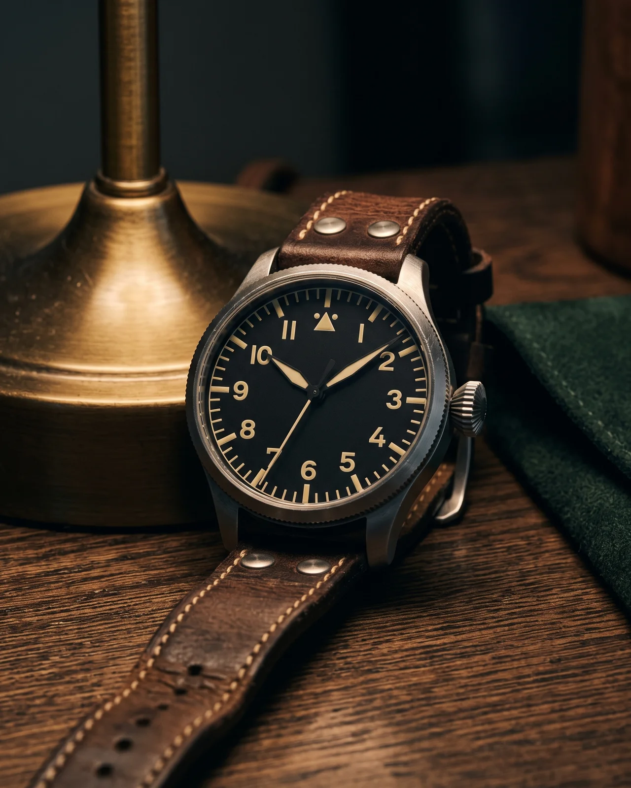 The engraved steel caseback of an IWC Pilot's Watch, reference and serial legible, resting on a dark leather tray beside a loupe under warm desk light.