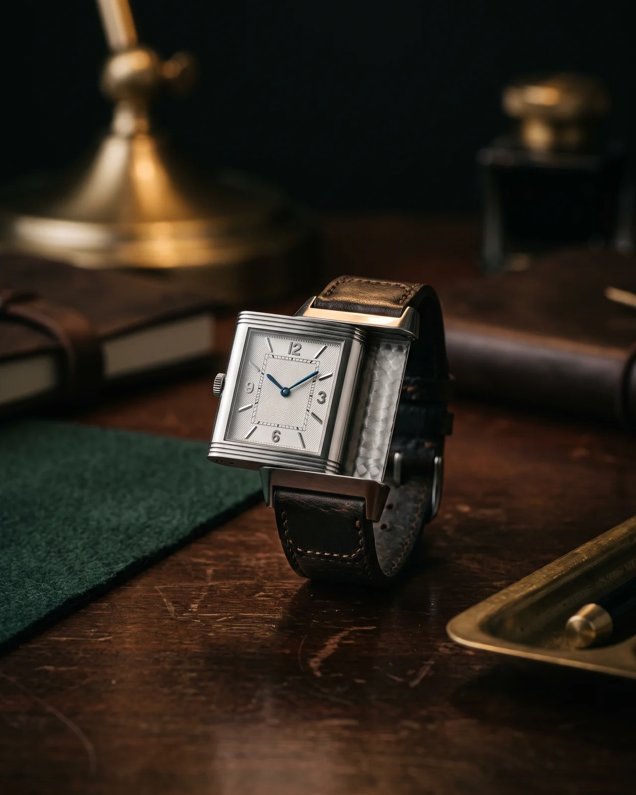 A steel rectangular reversible watch half turned in its cradle, showing the solid case back, resting on a dark leather tray beside a jeweler's loupe.