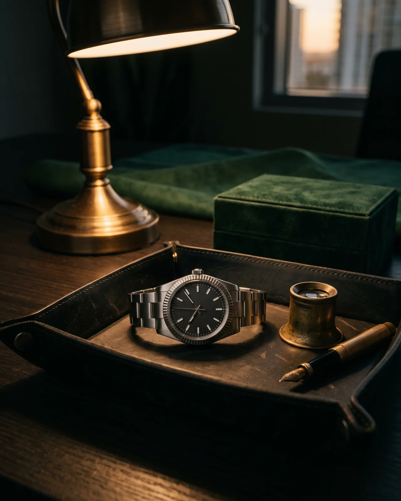 A steel sports watch beside an open warranty booklet and a loupe on a dark leather tray.