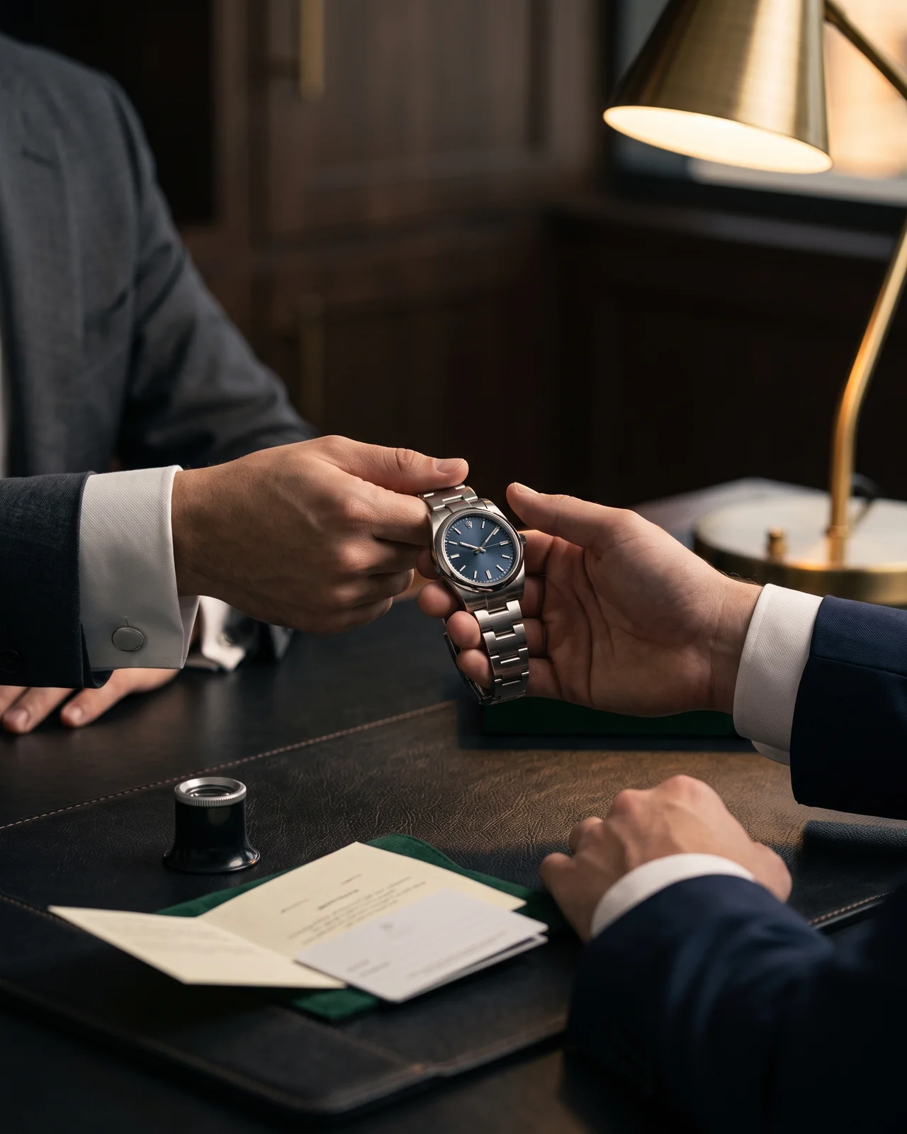A jeweler's loupe on the case back of a gold dress watch, on dark felt.
