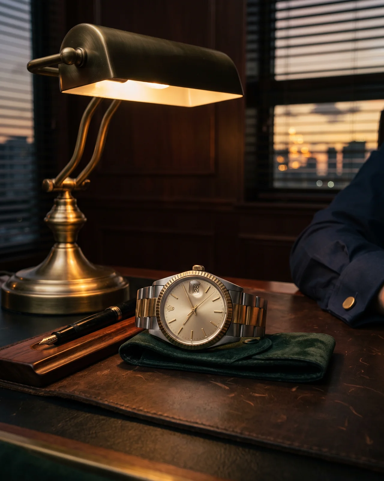 A steel sports watch on a dark leather tray beside a loupe and an open warranty card.