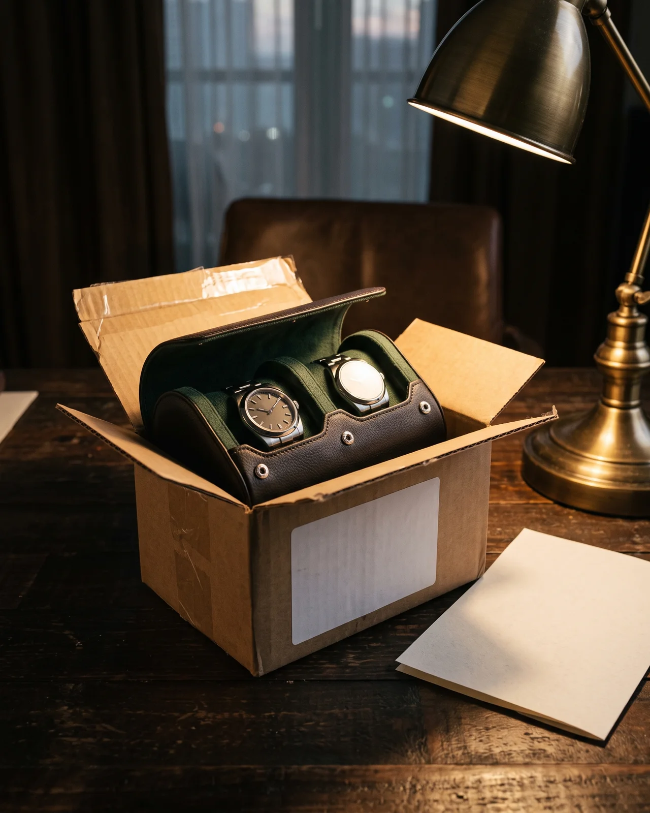 A watch tray with a loupe and a folded warranty card on a dark desk, lit from one side, set up for an in-person inspection.