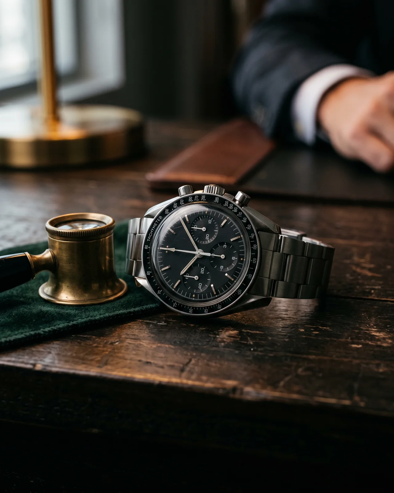 A black-dial Speedmaster on dark leather, the domed hesalite crystal and tachymeter bezel in sharp focus.