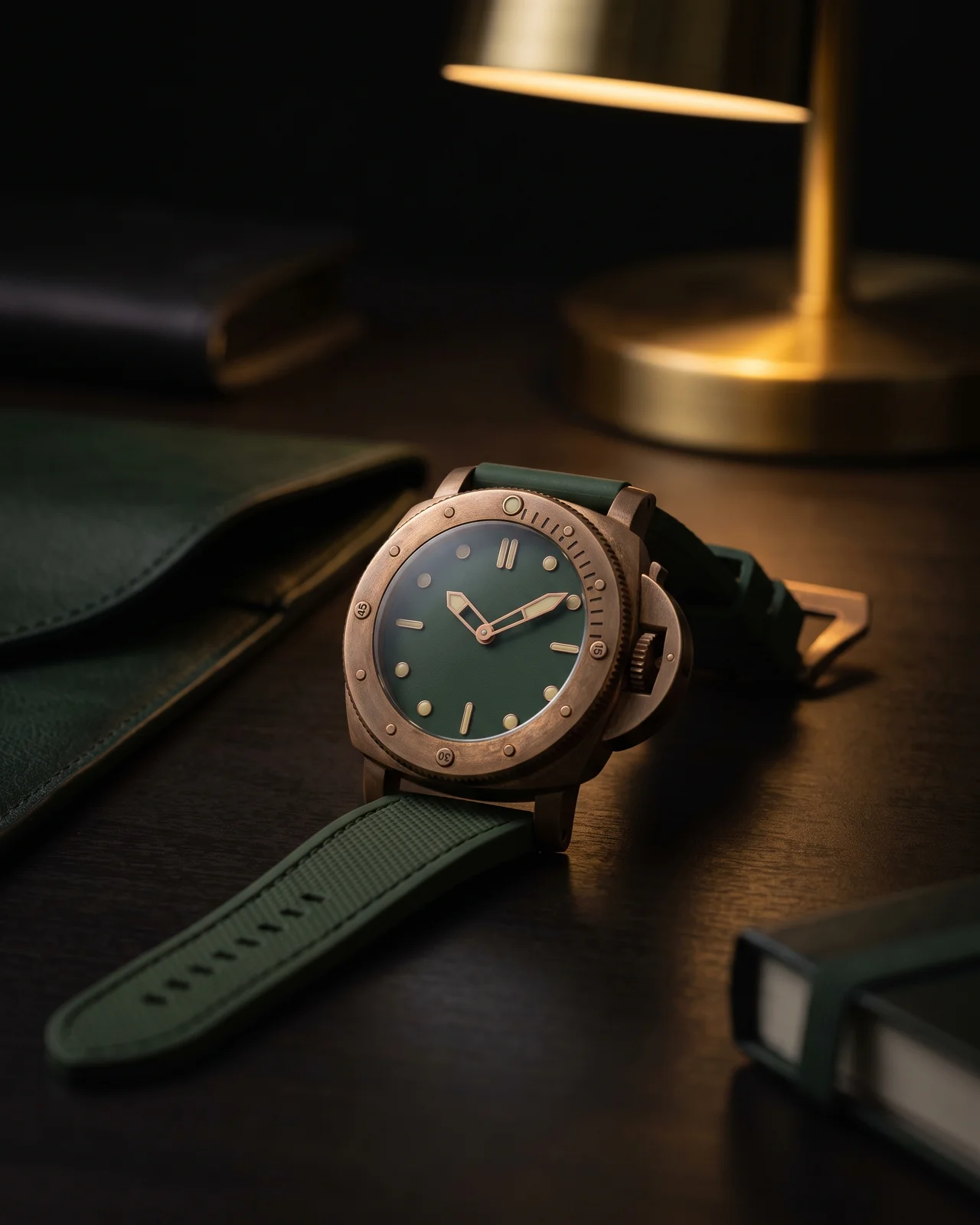A Panerai Submersible from above on dark rubber, the toothed unidirectional bezel and its dot at twelve in sharp focus, crown guard lever closed at three o'clock.