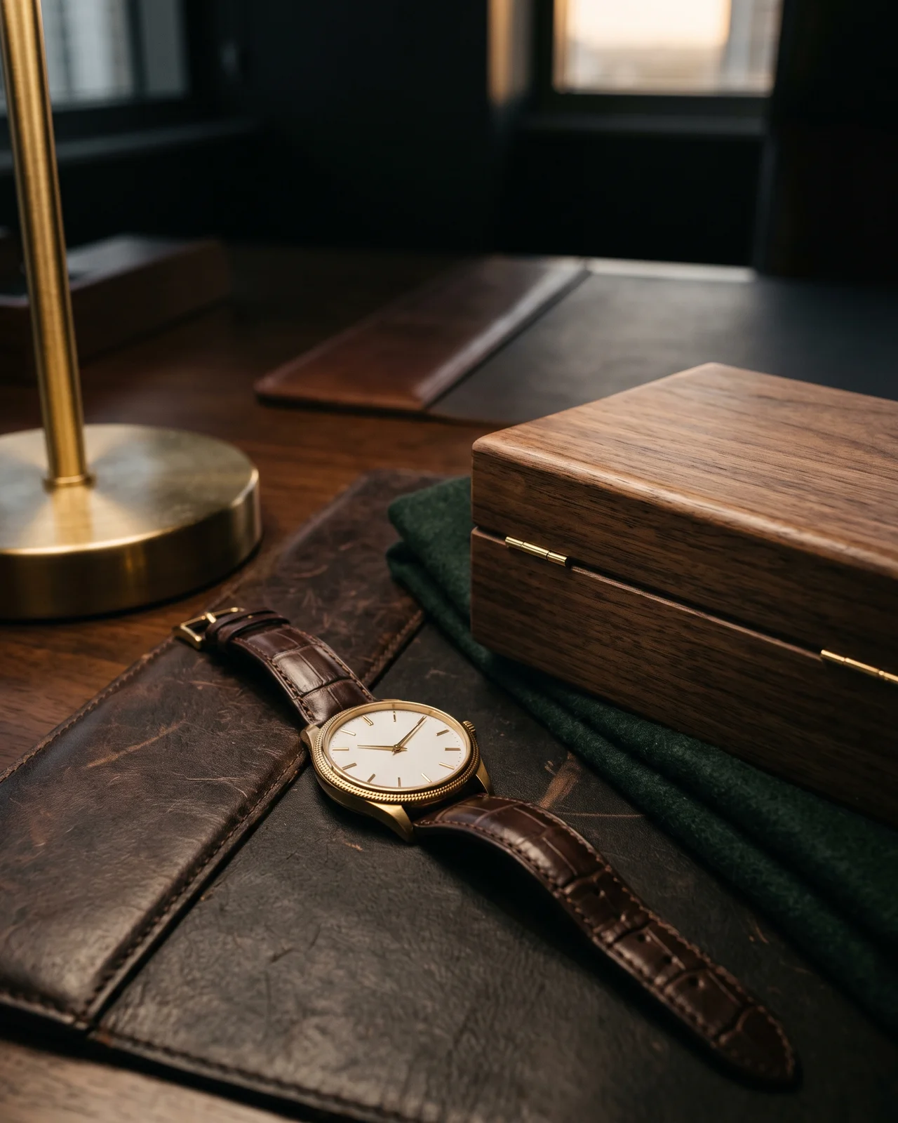 A yellow gold Calatrava with a hobnail bezel and small seconds on a dark leather strap, on black velvet under a warm lamp.