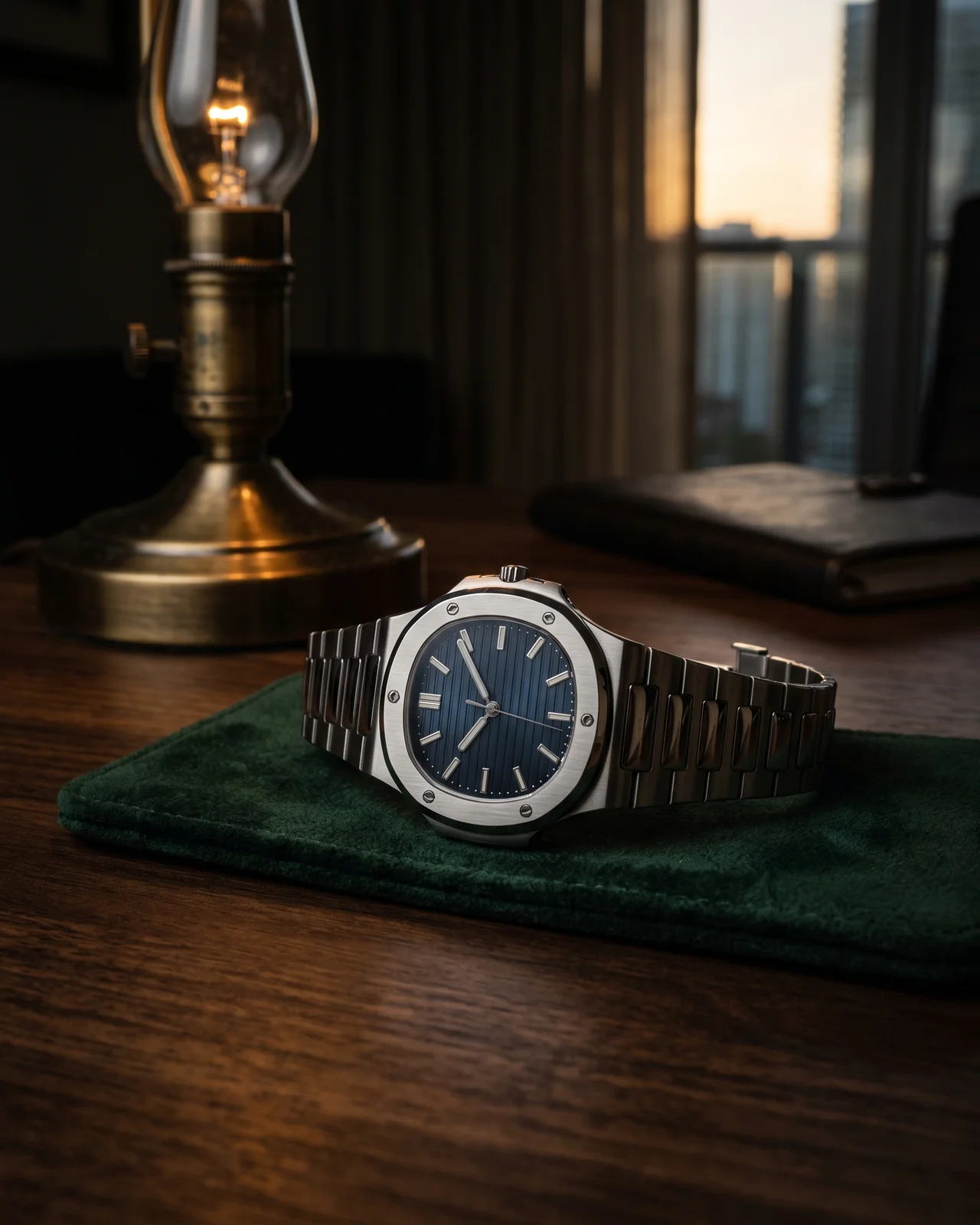 A steel Patek Philippe Nautilus with a blue embossed dial, tight on the brushed bezel and the hinge at nine o'clock, on a dark leather tray.
