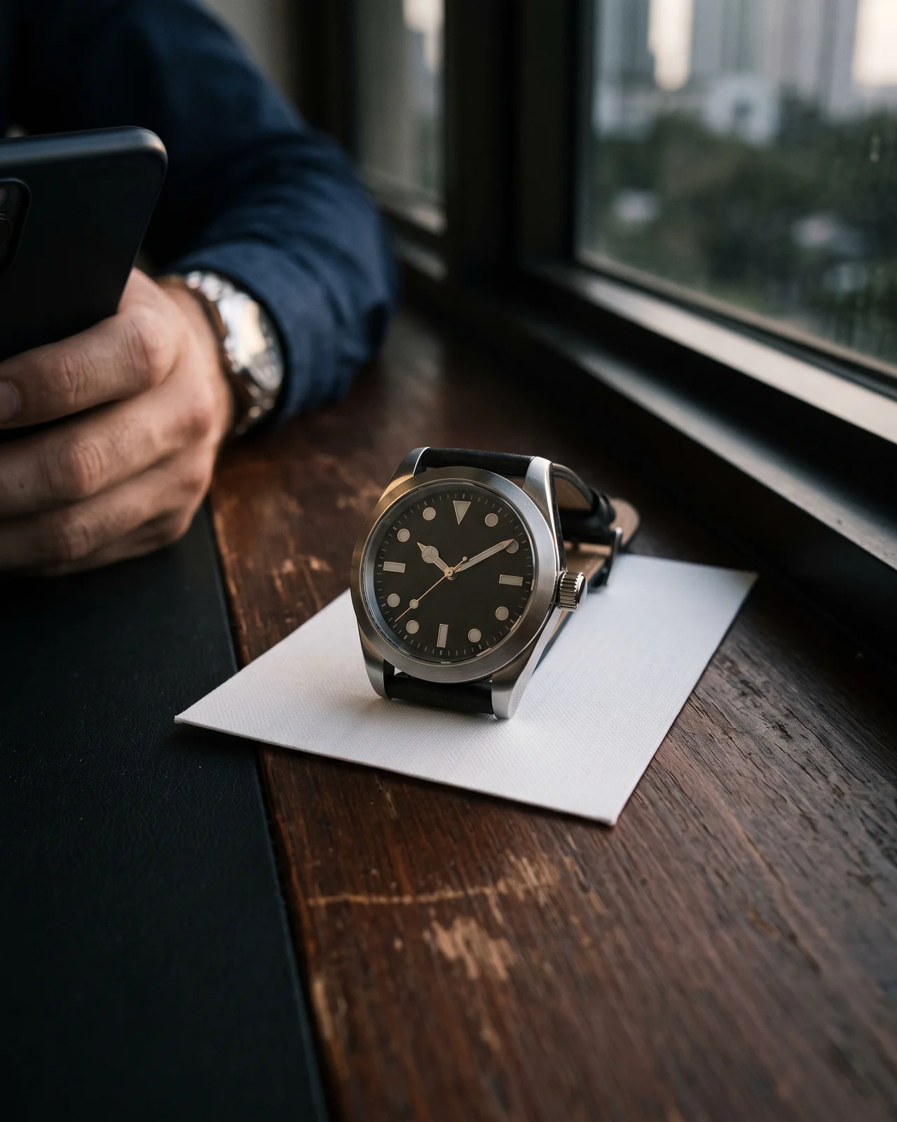 A steel watch on a dark cloth beside a window, soft daylight raking across the case and showing the brushed finish.
