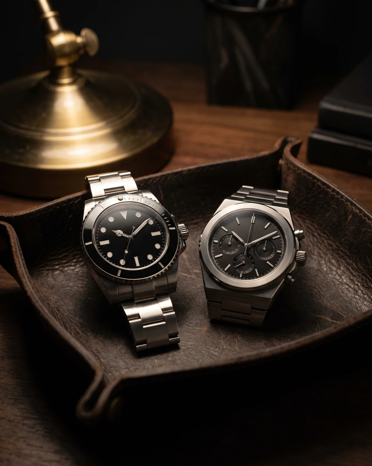 A 39 mm steel dive watch with a riveted-style bracelet beside a larger steel dive watch with a black ceramic bezel, side by side on a dark tray.
