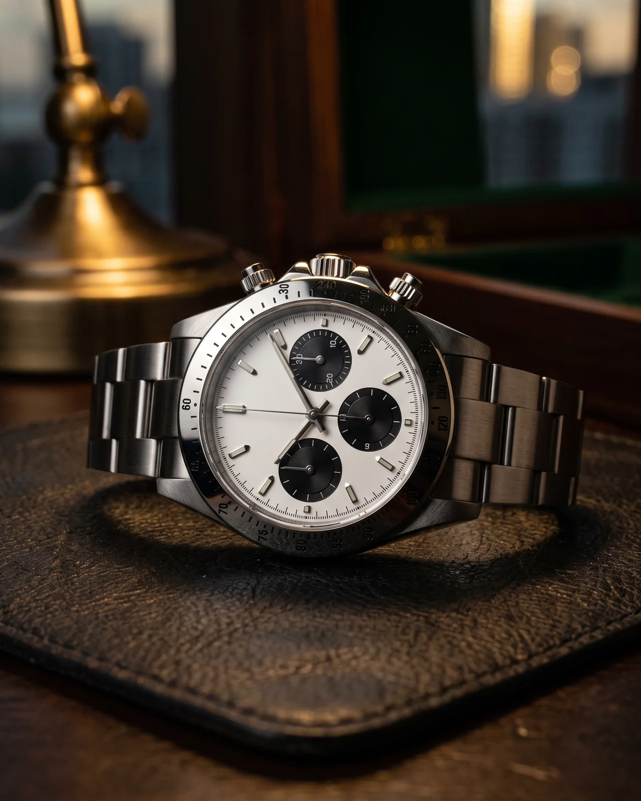 A steel Rolex sport watch resting on a dark leather tray under a jeweler's loupe, lit by a single brass lamp in a private office.
