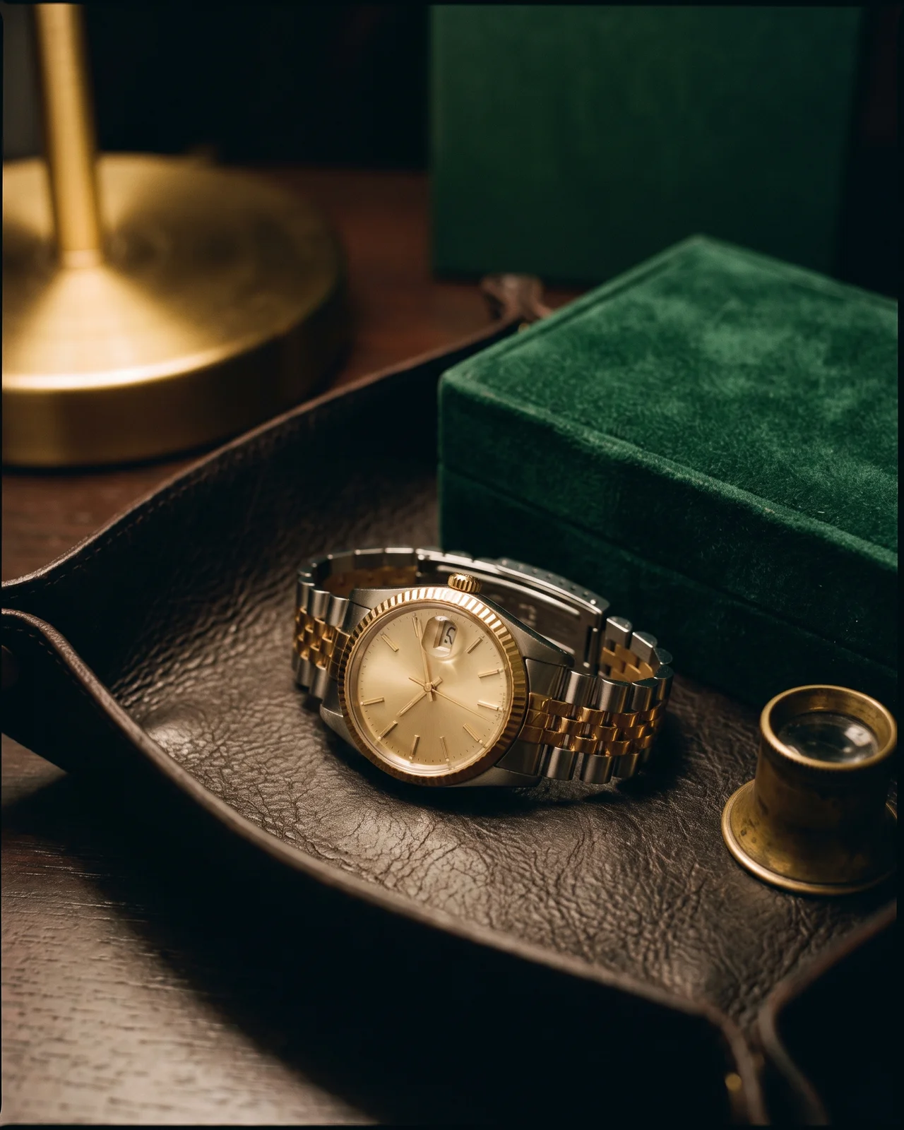 A two-tone Rolex Datejust with a fluted bezel and Jubilee bracelet resting on dark leather, the bezel catching a single warm light.