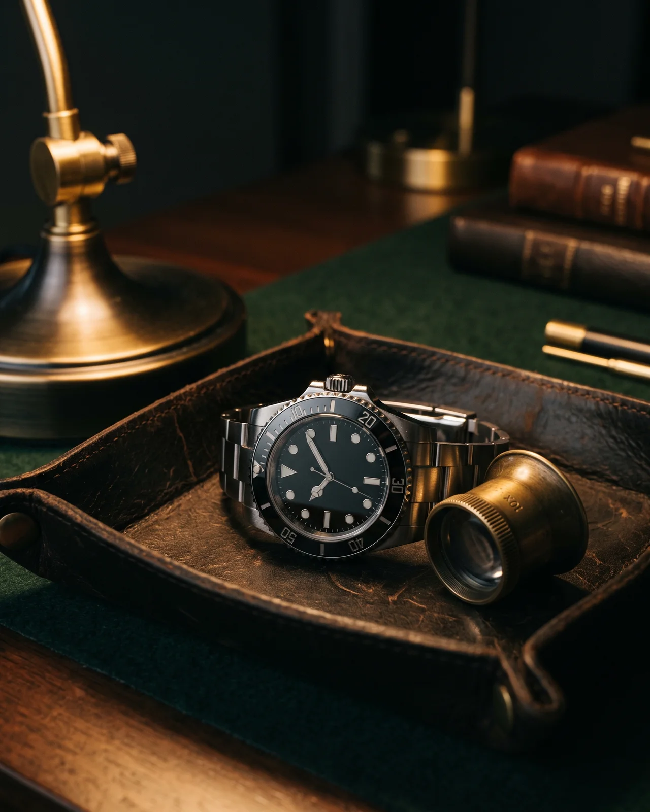 A steel Rolex Submariner bezel and crown guards on a dark leather tray, the insert markings catching a single light.
