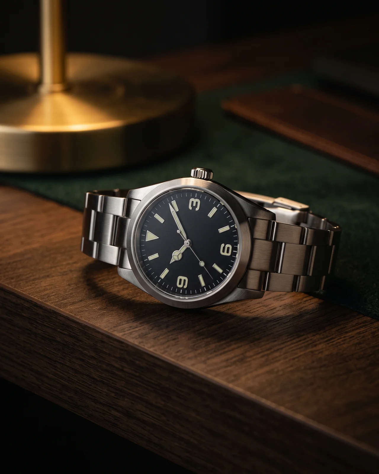 A steel Rolex Explorer with black dial and 3-6-9 numerals on a dark leather tray, lit from one side so the numerals and hands stand out.