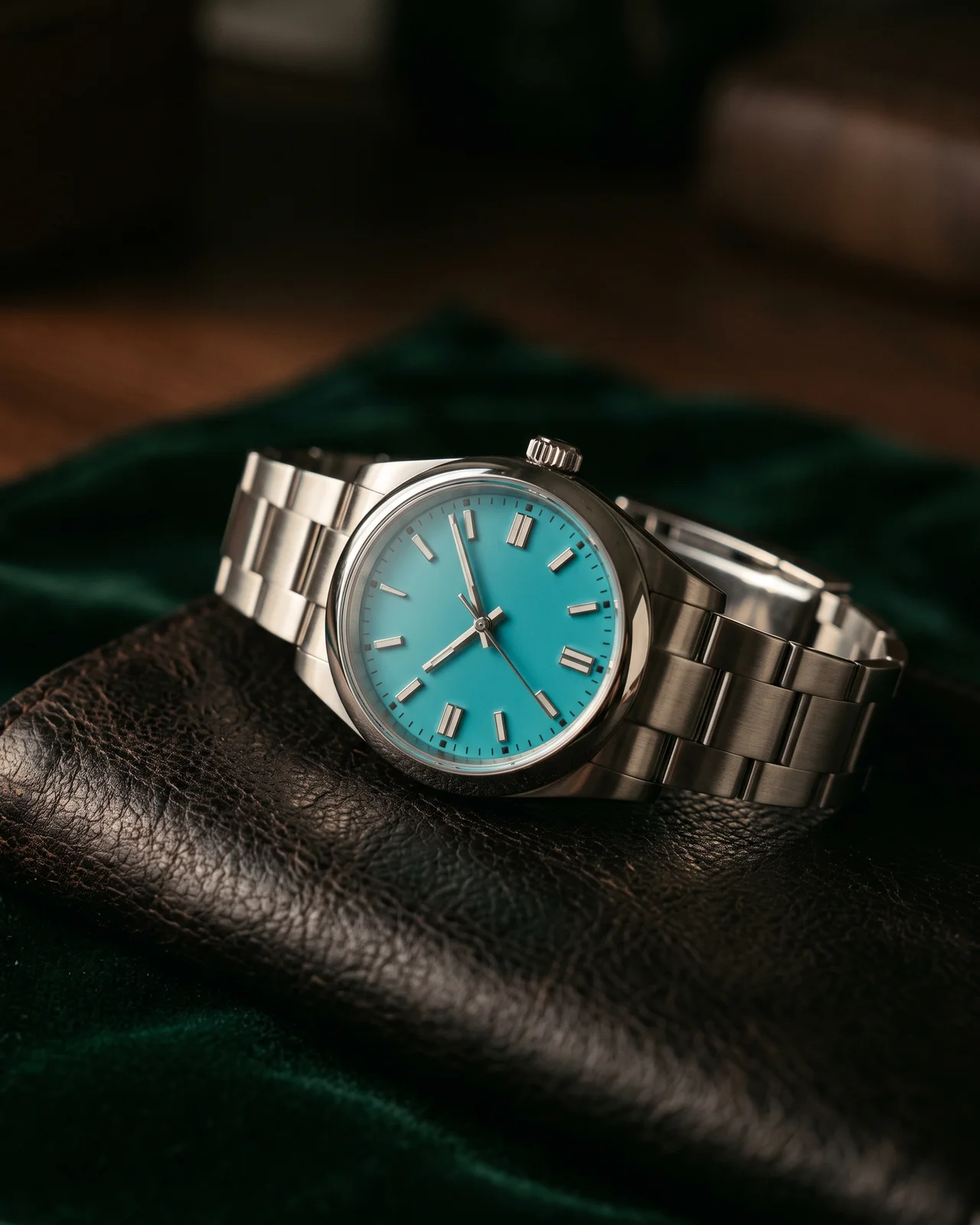 A steel Oyster Perpetual with a turquoise lacquer dial on an Oyster bracelet, resting on dark felt under a single brass lamp.