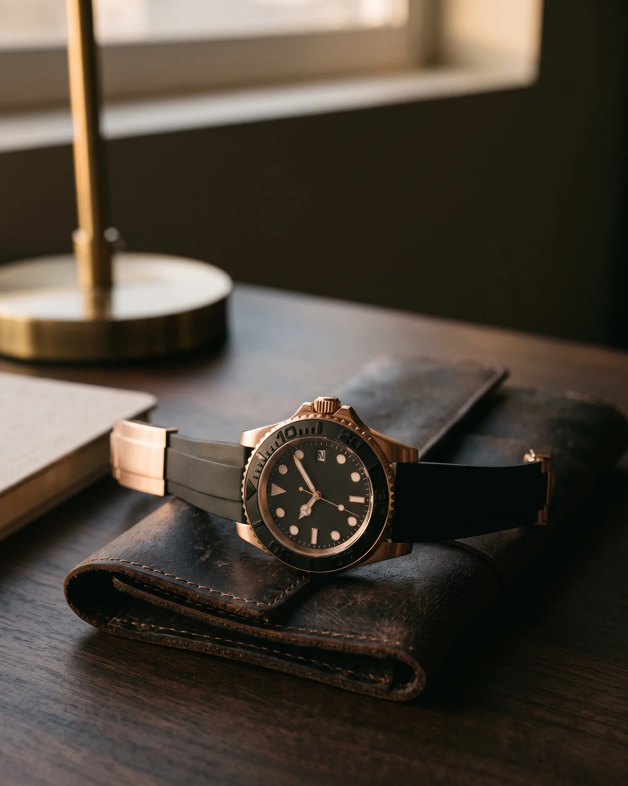 A Rolesium Yacht-Master on a dark tray, the sandblasted platinum bezel and its polished raised numerals catching a single lamp.