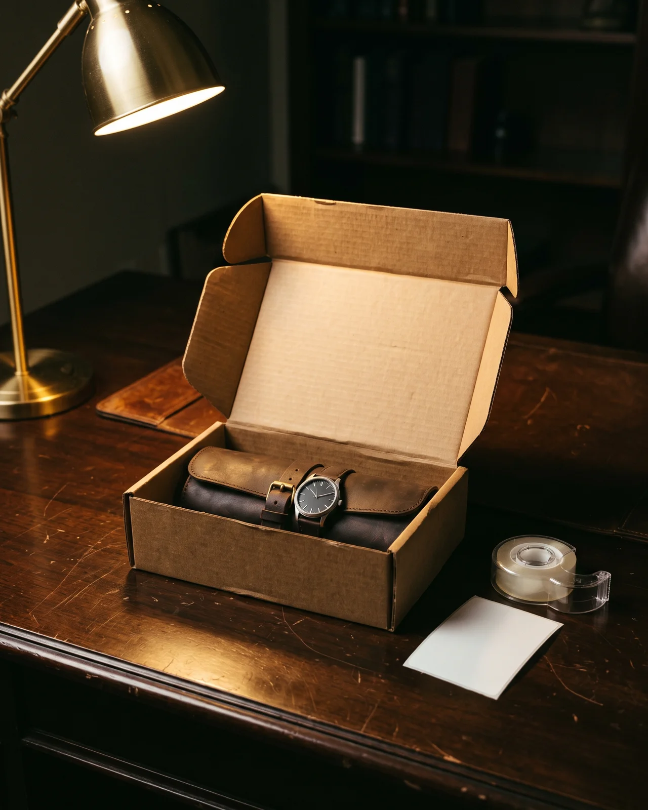 A small plain shipping carton, a roll of tape, and a steel watch on a dark desk, ready to be packed.