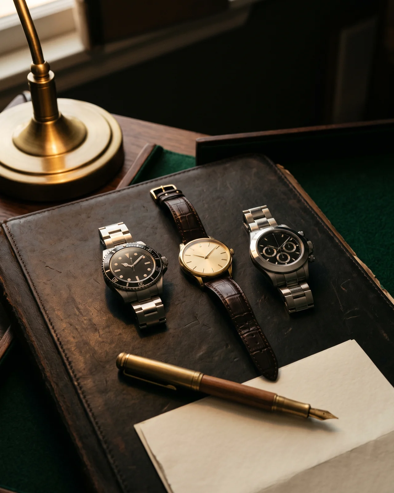 Four different steel and gold watches laid in a row on a dark leather tray under one lamp, one door for each.