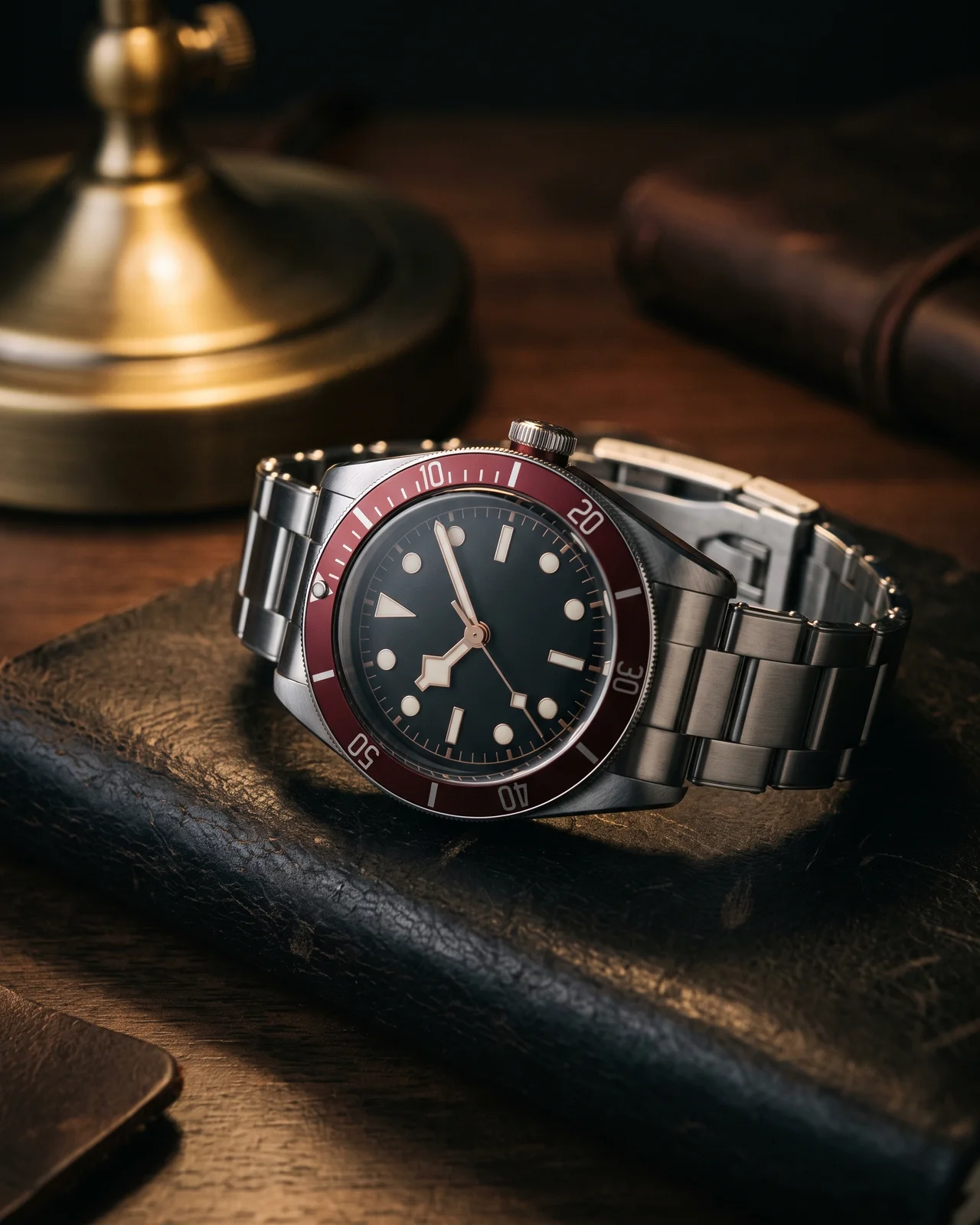 A steel Tudor dive watch on a dark leather tray, its snowflake hands and domed crystal lit by a single brass lamp.