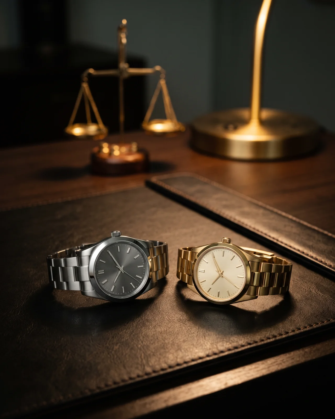 Two steel watches facing each other on a dark leather tray, the one being given up and the one being taken.