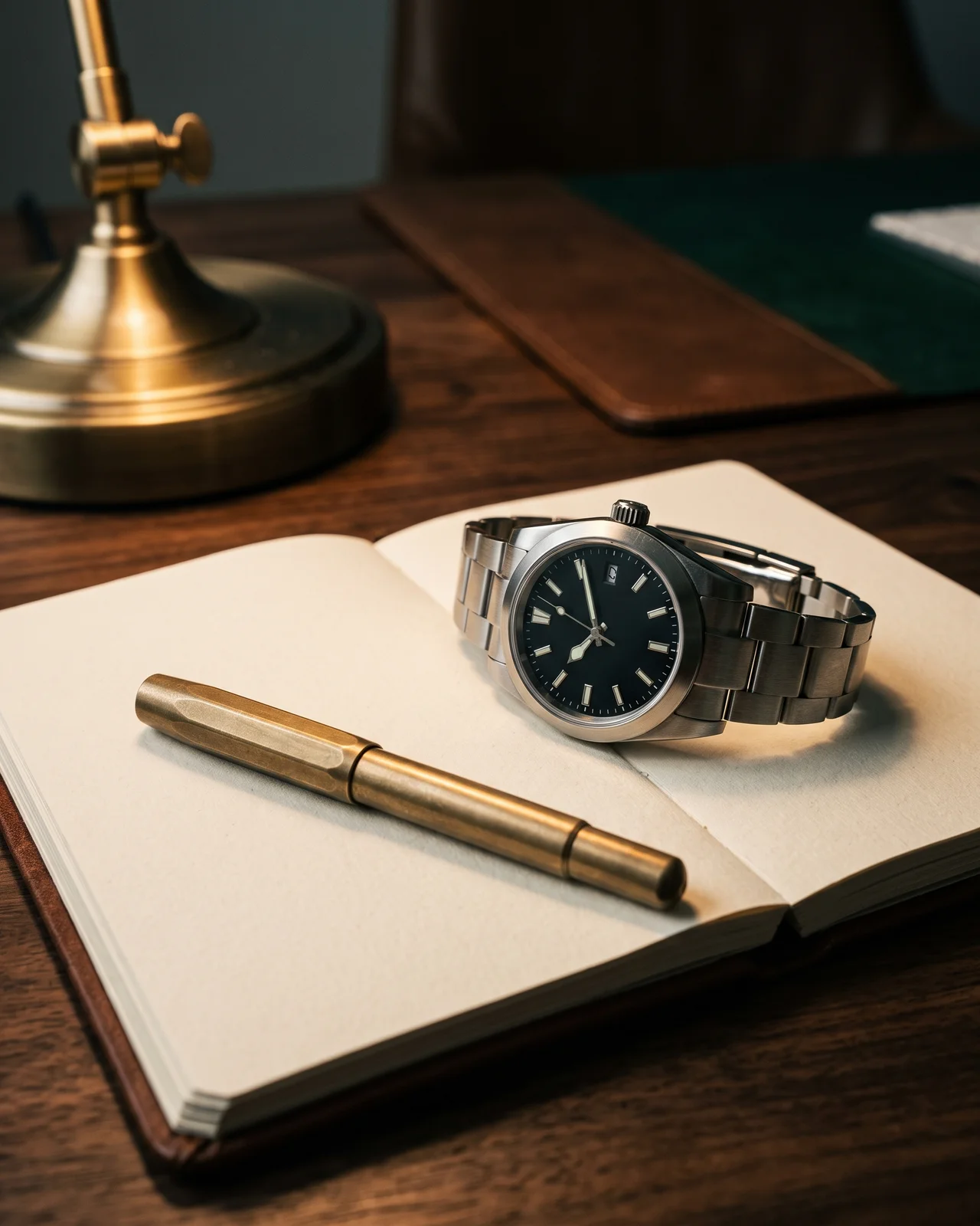 A loupe resting on the case back of a steel watch, the engraved serial half in focus, on a dark leather pad.
