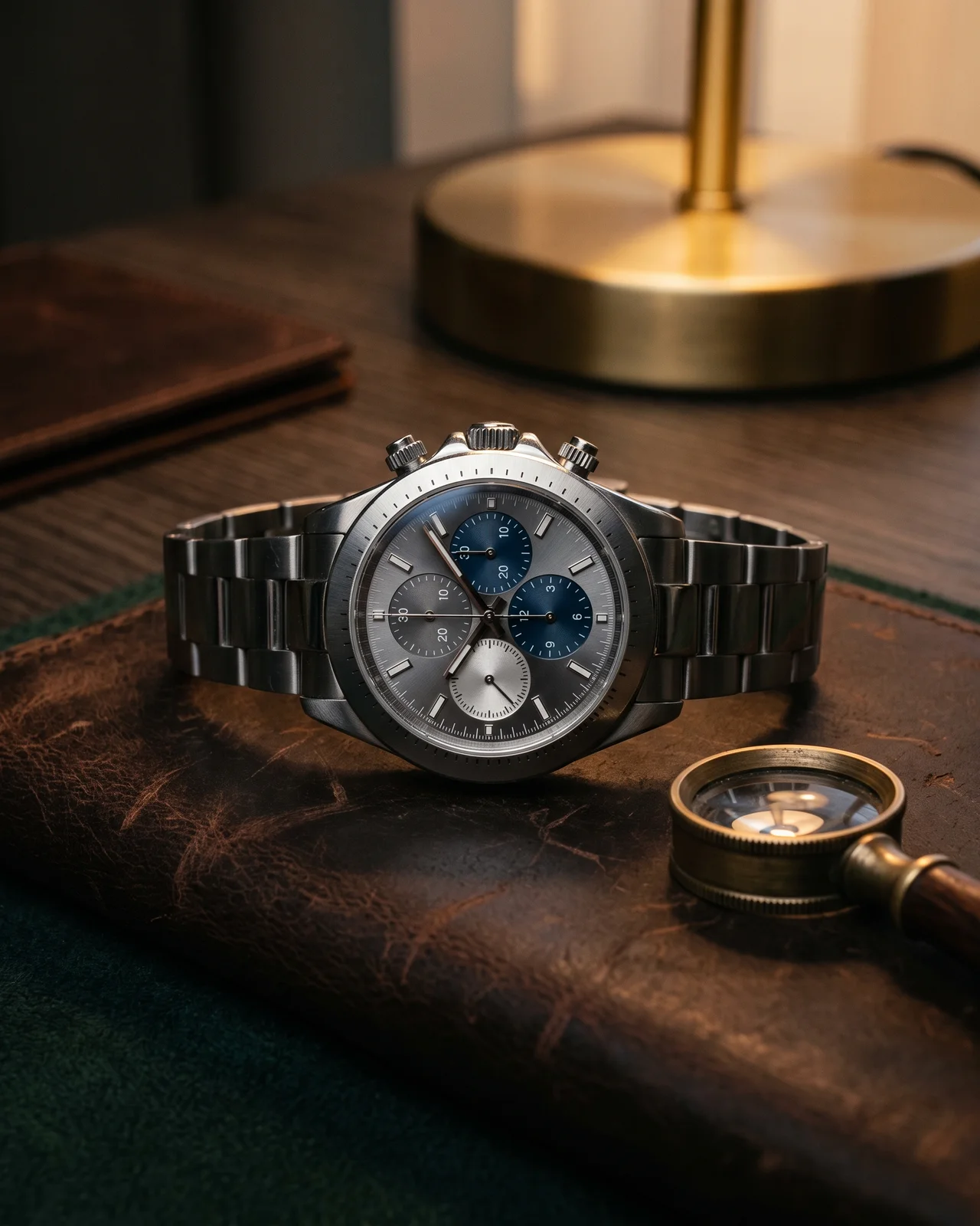 A steel chronograph with three overlapping subdials in grey, blue, and anthracite, resting on dark leather beside a loupe.