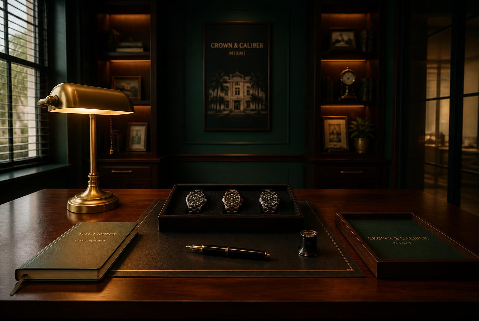Brickell boutique desk with three watches under a brass banker's lamp