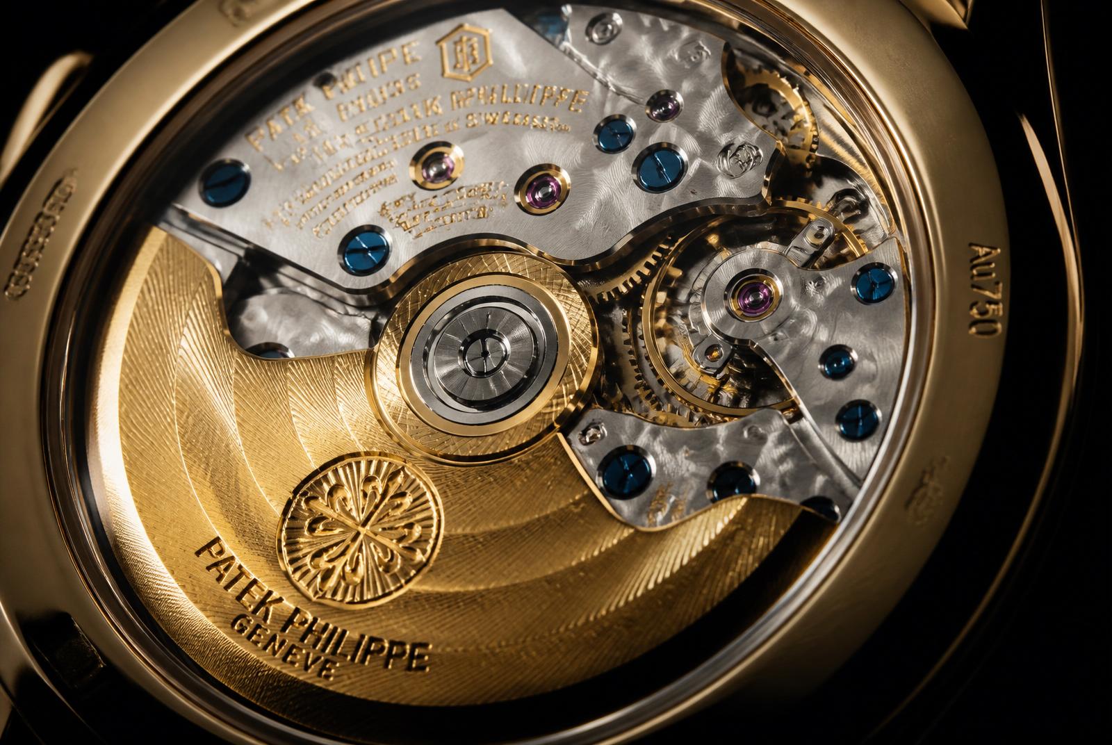 Macro view of a Patek Philippe movement with gold rotor