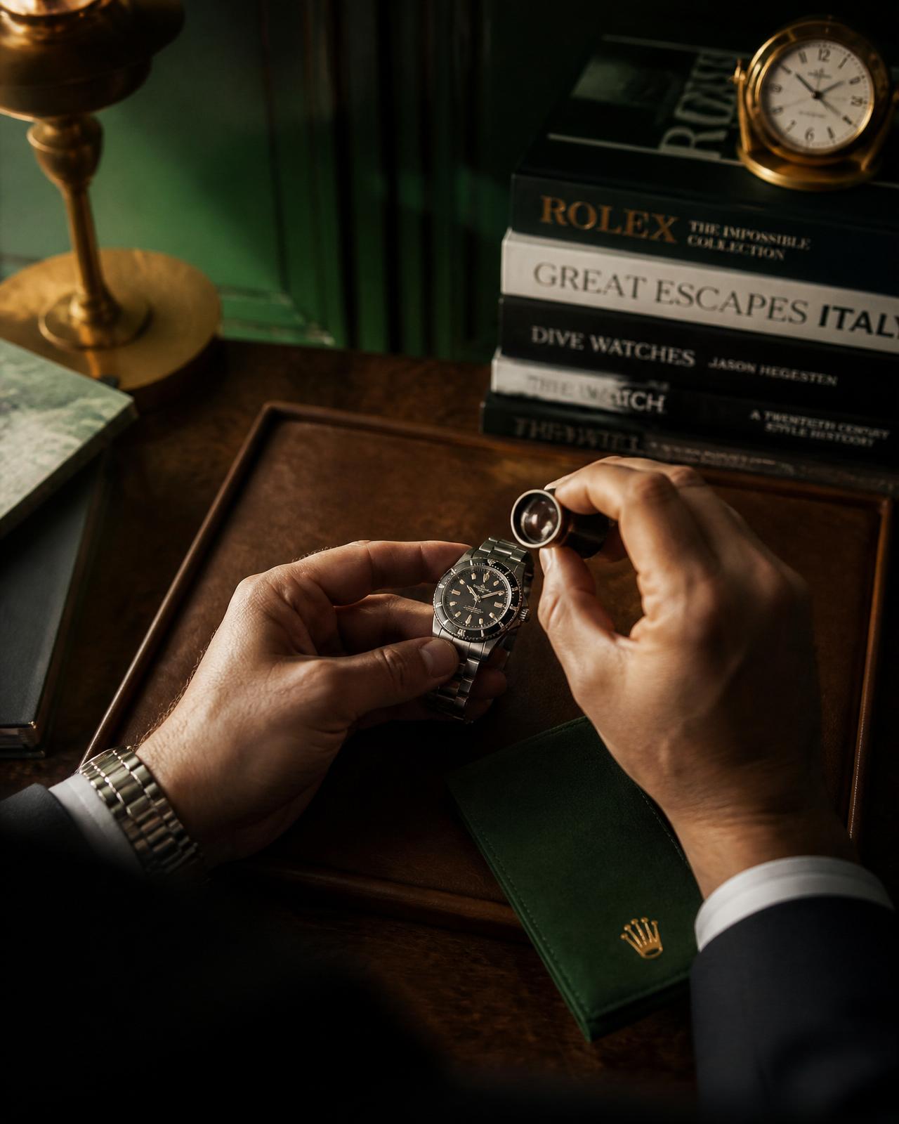 The dealer inspecting a vintage Rolex Submariner with a jeweler's loupe