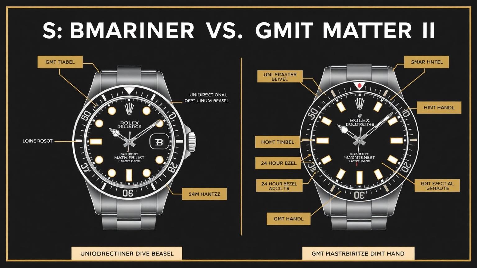 Comparison diagram of a Submariner dive bezel versus a GMT-Master II 24-hour bezel with labeled features