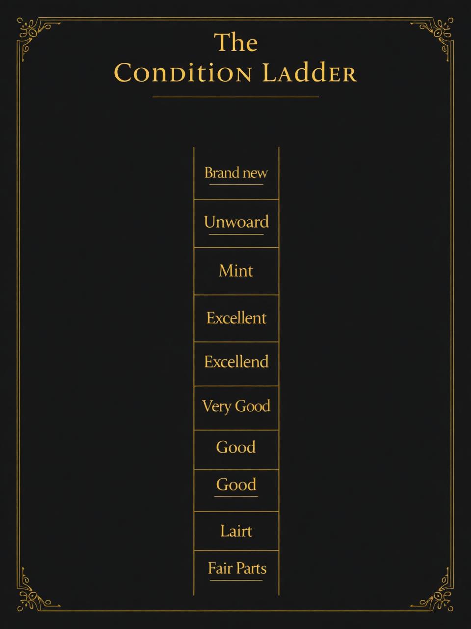 Infographic ladder showing watch condition grades from Unworn down to For Parts with short definitions