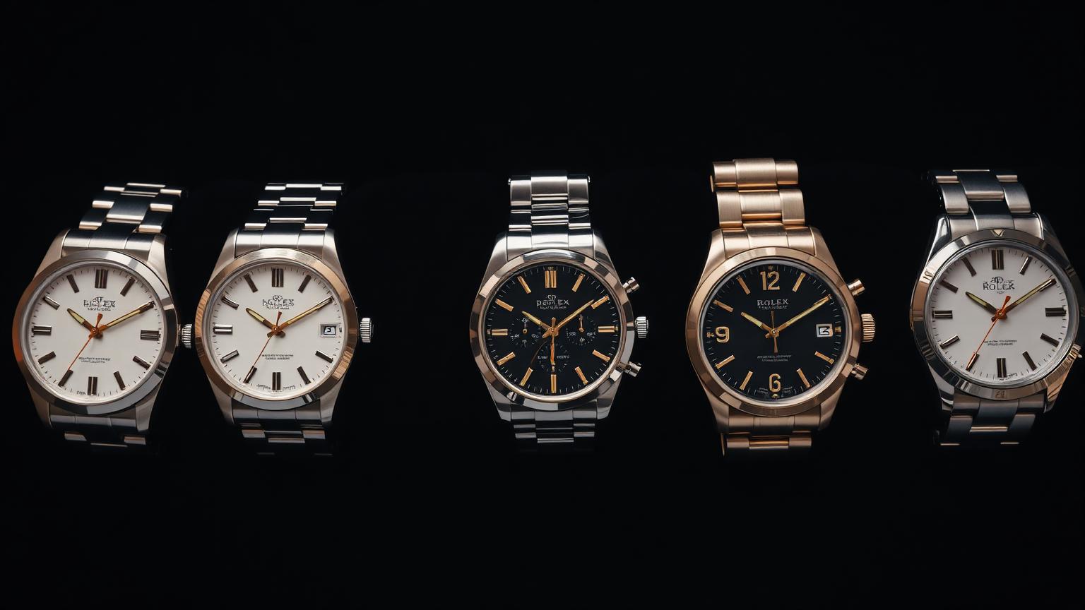 A row of luxury watches arranged from pristine unworn to visibly worn, showing a condition spectrum