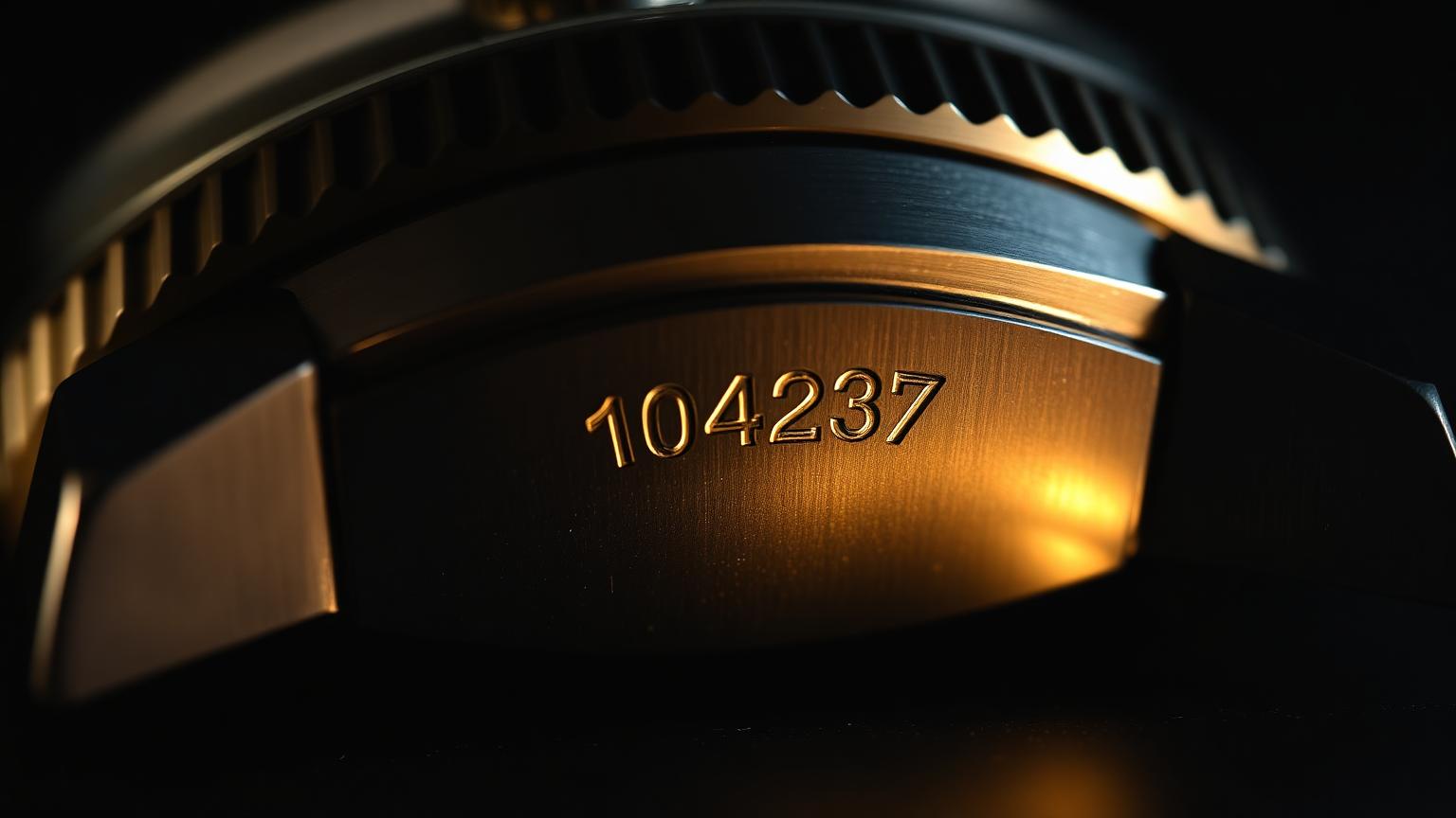Macro shot of a Rolex serial number engraved between the lugs of a stainless steel case