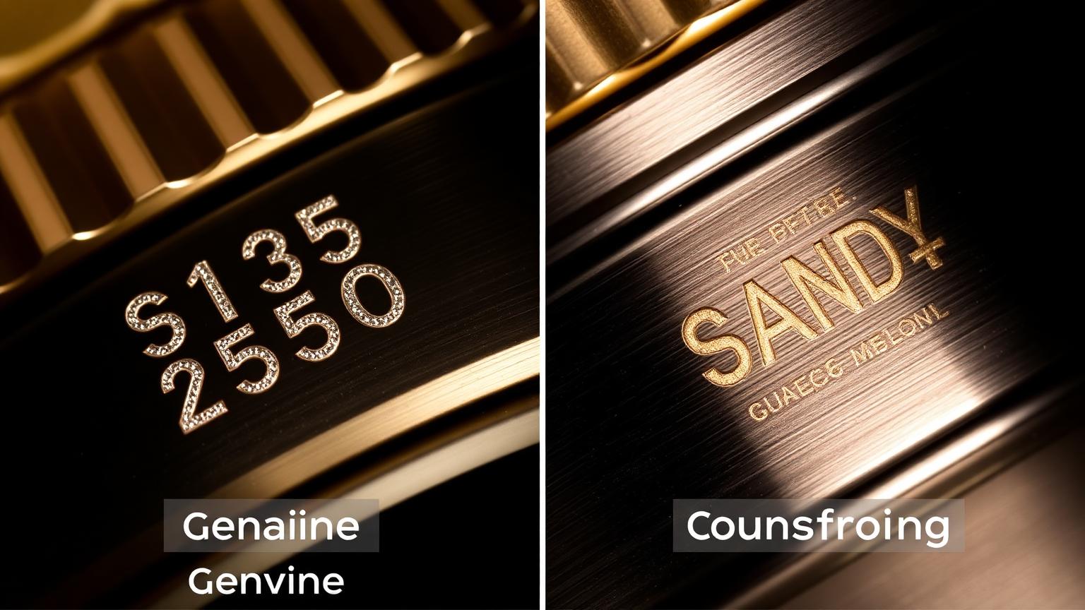 Side by side macro comparison of a genuine sharp Rolex serial engraving versus a sandy acid-etched fake