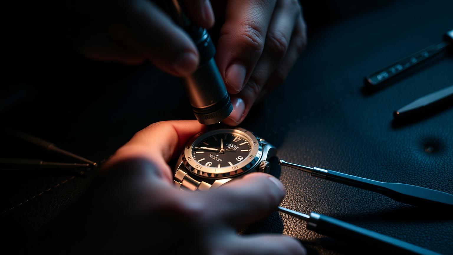 Watchmaker inspecting a luxury watch under a loupe with precision tools on a dark bench